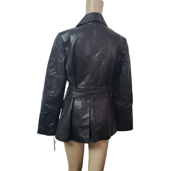 Tahari Womens Double-Breasted Genuine Leather Jacket Black Small - Picture 2 of 10